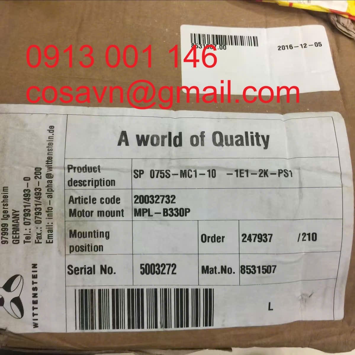 Hộp số hành trình Wittenstein alpha SP+ Series SP 075S-MC1-10-1E1-2K-PS1 SP 075S-MC1-10-1E1-2K-PS1